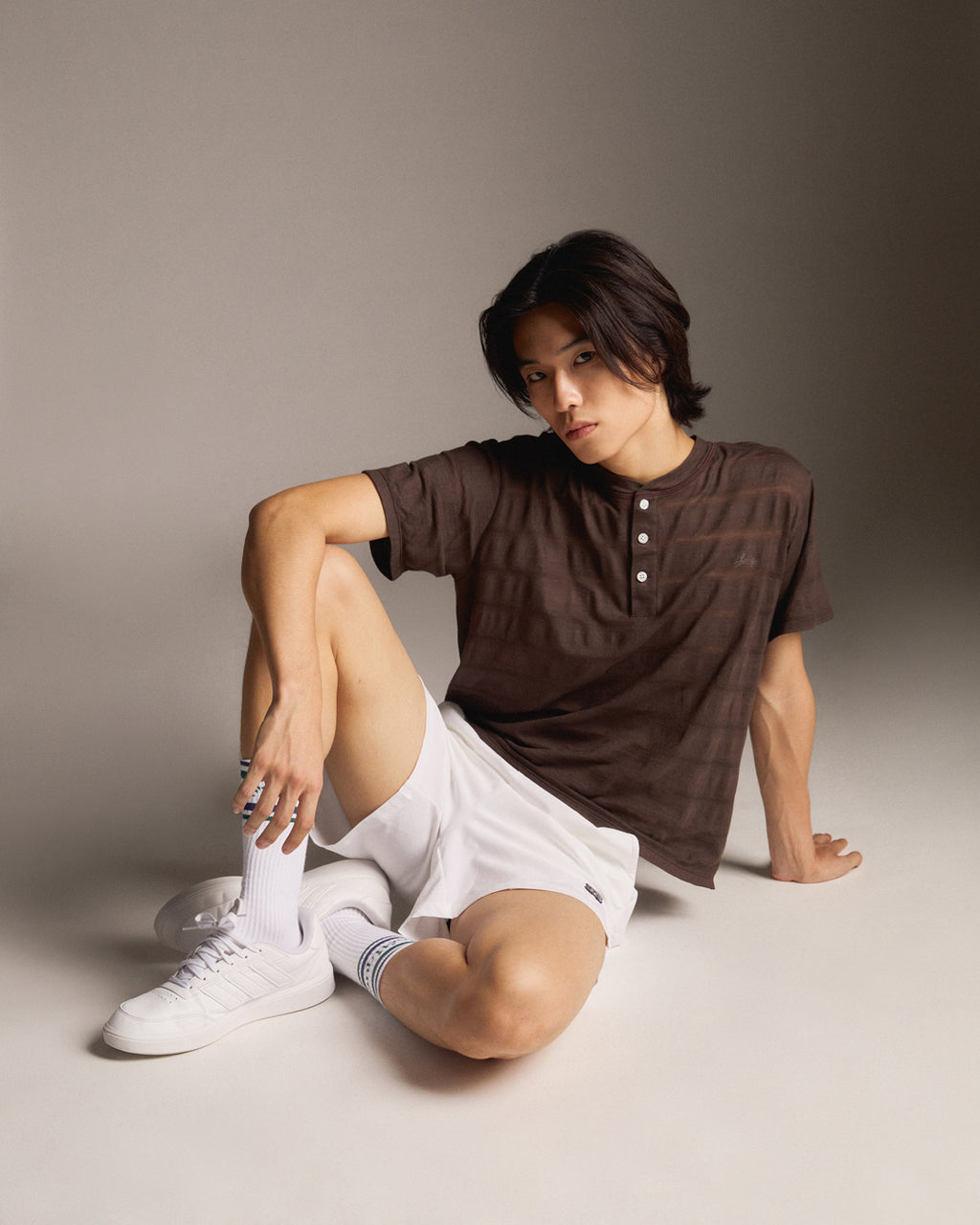 Sheer Stripe Henley Tee - Brown