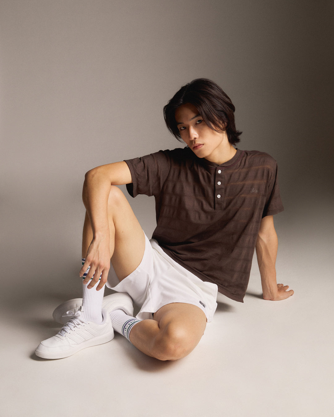 Sheer Stripe Henley Tee - Brown