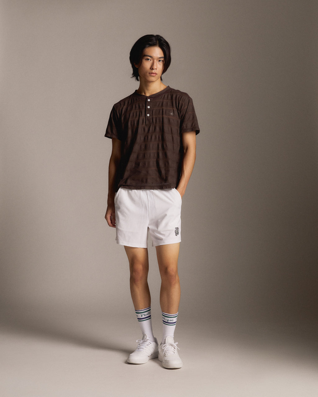 Sheer Stripe Henley Tee - Brown